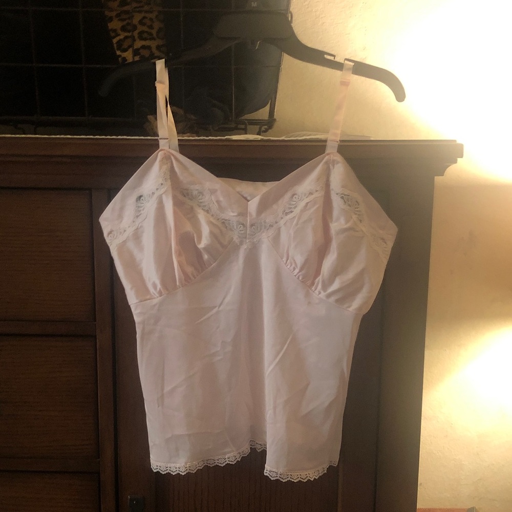 Elegant Pink Lace Trim Camisole vintage wear under a sheer shirt nylon 50’s